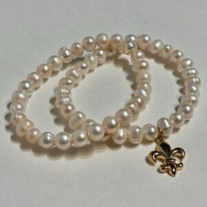 Double Strand White Faux Pearl Gold Plated Fleur De Lis Charm Bracelet 8"